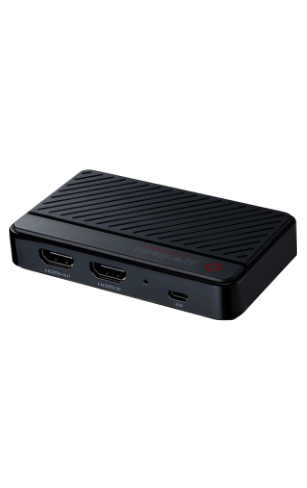Boîtier compact AVerMedia Live Gamer Mini noir avec ports HDMI et USB.
