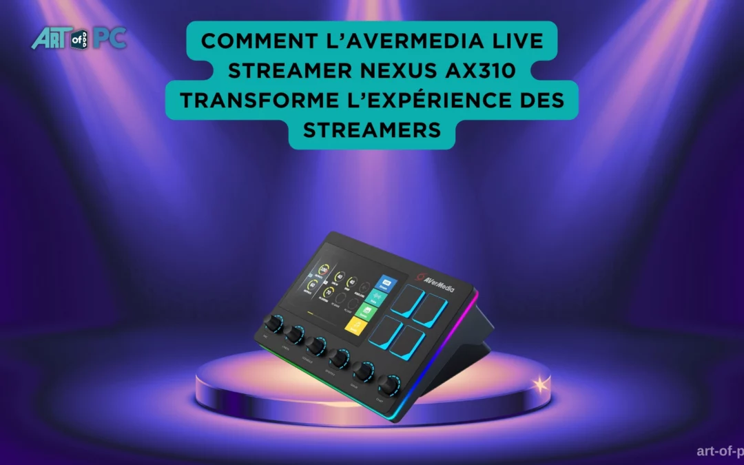 AVerMedia Live Streamer Nexus AX310 sur un podium lumineux, interface tactile et commandes physiques pour streamers professionnels.