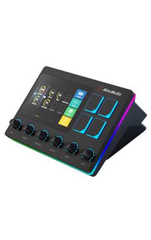 Contrôleur audio AVerMedia Live Streamer Nexus AX310 en vue de trois-quarts, accessoire pour streamer