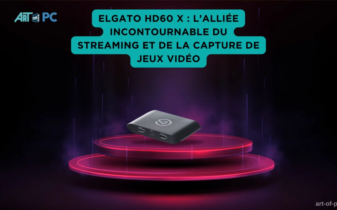 Carte d’acquisition Elgato HD60 X sur podium éclairé rose, boîtier pour capture de jeux vidéo et streaming.
