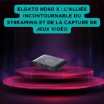 Elgato HD60 X : l’alliée incontournable du streaming et de la capture de jeux vidéo Carte d’acquisition Elgato HD60 X sur podium éclairé rose, boîtier pour capture de jeux vidéo et streaming.