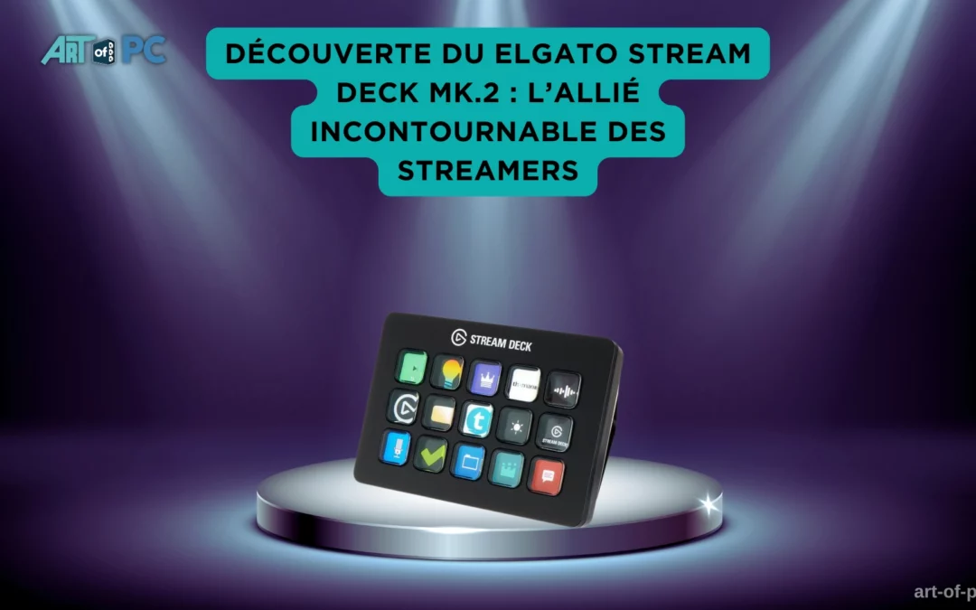 Elgato Stream Deck MK.2 présenté sous les projecteurs, avec ses nombreuses touches à icônes programmables.