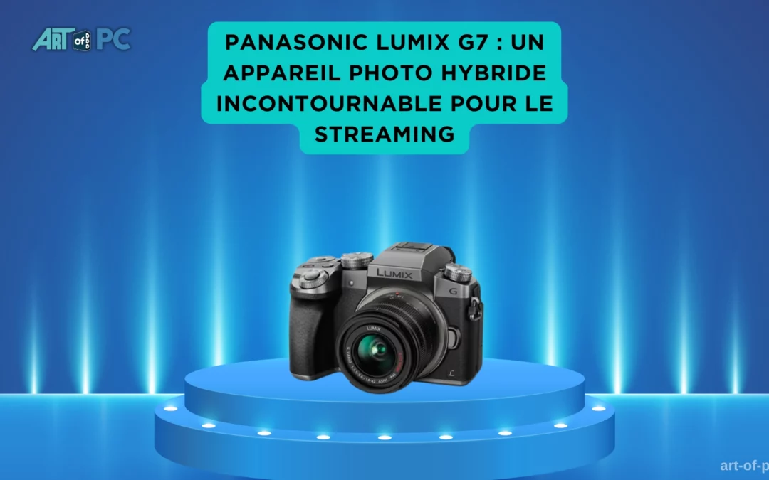 Appareil photo hybride Panasonic Lumix G7 sur podium lumineux, idéal pour le streaming