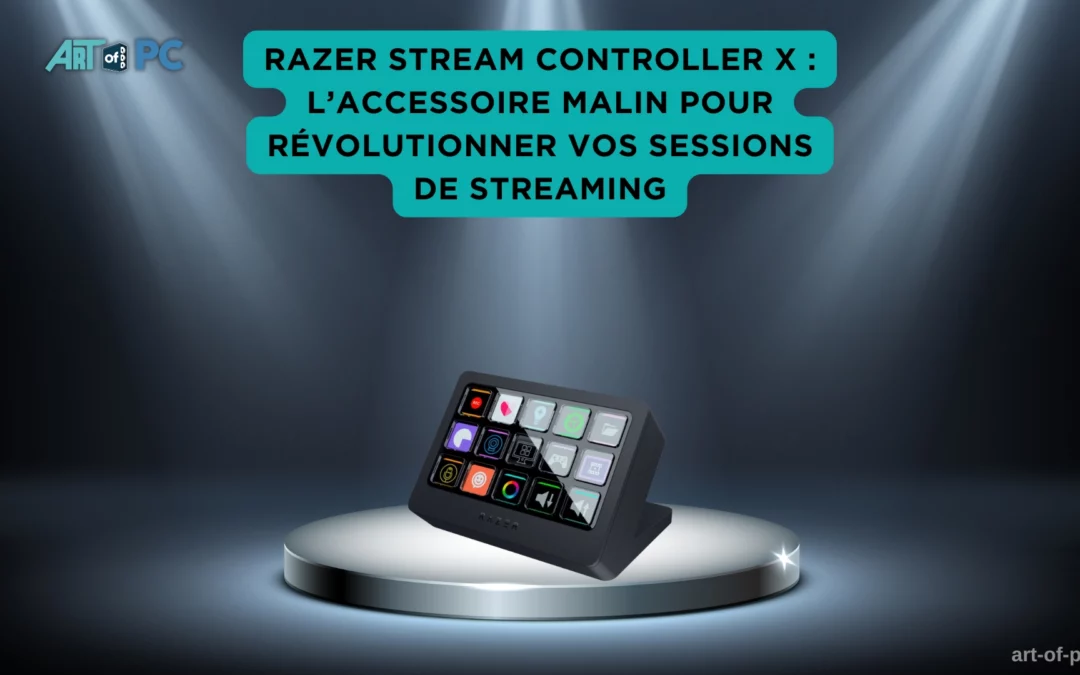 Razer Stream Controller X éclairé sur une scène moderne, disposant de 15 boutons interactifs pour streamer.