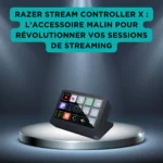 Razer Stream Controller X : l’accessoire malin pour révolutionner vos sessions de streaming Razer Stream Controller X éclairé sur une scène moderne, disposant de 15 boutons interactifs pour streamer.
