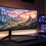 Setup PC gamer avec écran incurvé affichant un paysage de jeu, tour PC lumineuse, clavier et souris sur un bureau.