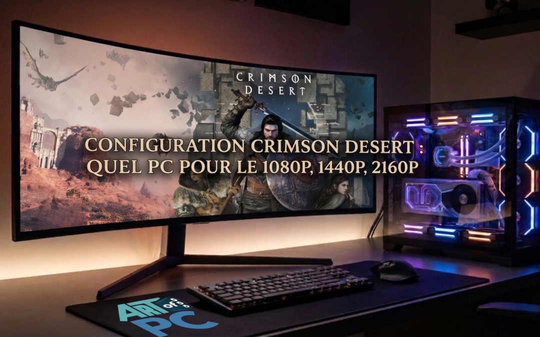 Configuration PC idéale pour jouer à Crimson Desert en 1080p, 1440p ou 4K (2160p) : setup gamer avec écran ultrawide courbe affichant le jeu, PC tour RGB, clavier mécanique et tapis souris sur un bureau éclairé. Par Art of PC.fr.