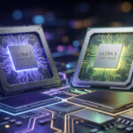 Deux processeurs Intel Core Ultra (Ultra 7 270K Plus et Ultra 5 250K Plus) avec circuits lumineux sur carte mère.