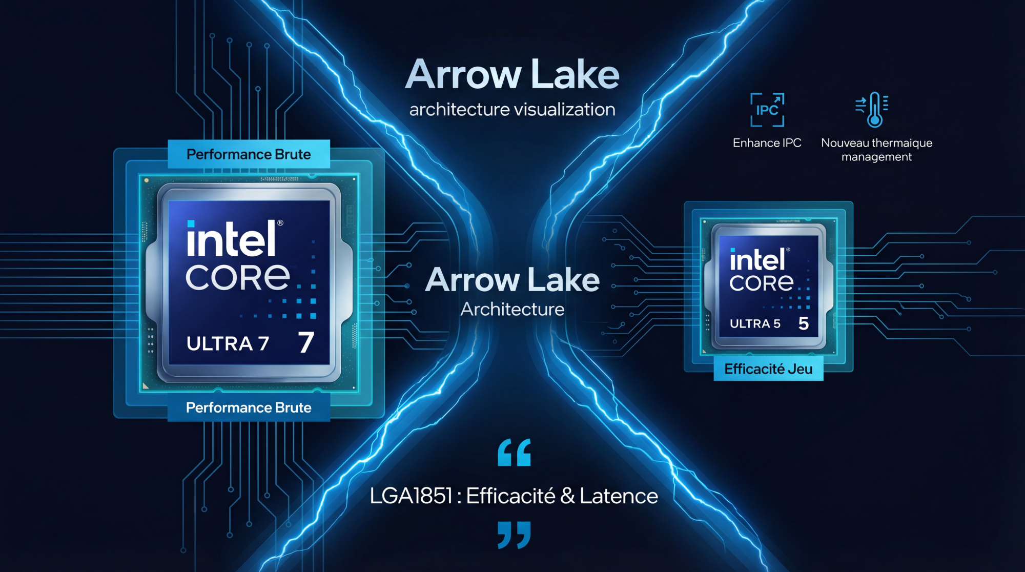 Processeur Intel Core Ultra architecture Arrow Lake mettant en avant la performance et l'efficacité énergétique