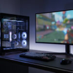 Setup PC gamer complet dans l'obscurité, avec tour illuminée, écran incurvé, clavier et souris sur un tapis de souris.